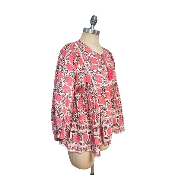 Tuckernuck Marea Pink Floral Cotton Long Sleeve Tassel Block Print Top Medium - Picture 2 of 5